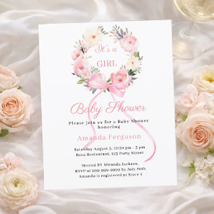 Papier Invitation Baby Shower fille arc en fleurs roses