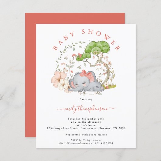 Papier Invitation Baby Shower Fille au Corail Eléphant de (Devant / Derrière)