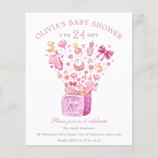 Papier Invitation Baby shower fille boîte rose surprise (Devant)