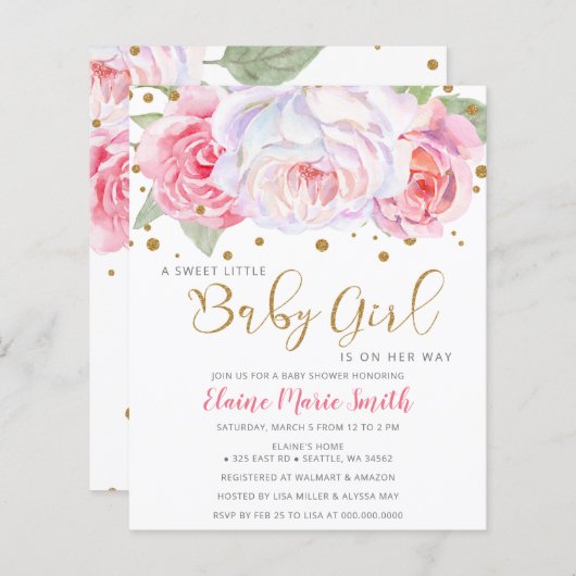 Papier Invitation Baby shower Fille Rose Budget (Devant / Derrière)