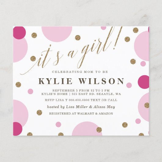 Papier Invitation Baby shower fille rose Confetti Budget (Devant)