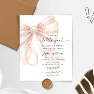 Papier Invitation Baby Shower Fille Ruban et Perle de Lux