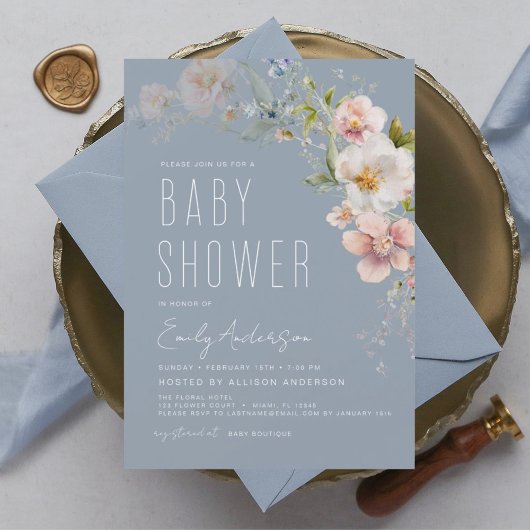 Papier Invitation Baby shower Fleur sauvage Dusty Blue Bo