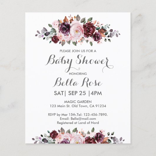 Papier Invitation Baby shower floral à aquarelle budgétai (Devant)