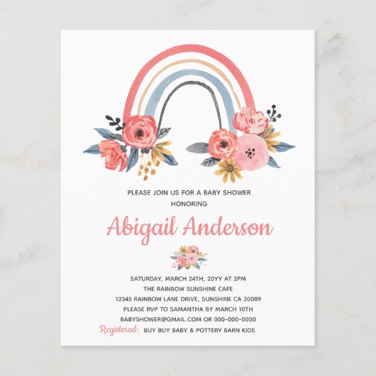 Papier Invitation Baby shower Floral Arc-en-ciel Budget (Devant)