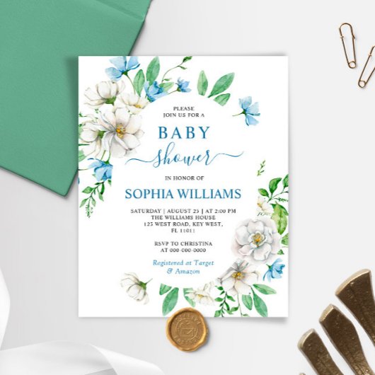 Papier Invitation Baby shower Floral Blanc & Bleu Budget