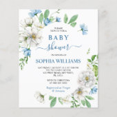 Papier Invitation Baby shower Floral Blanc & Bleu Budget (Devant)