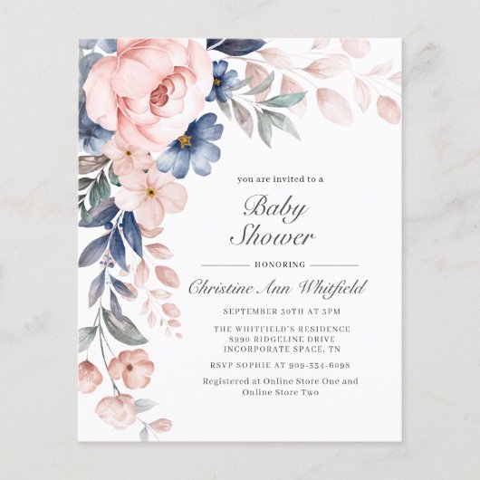Papier Invitation Baby shower Floral Rose Budget (Devant)