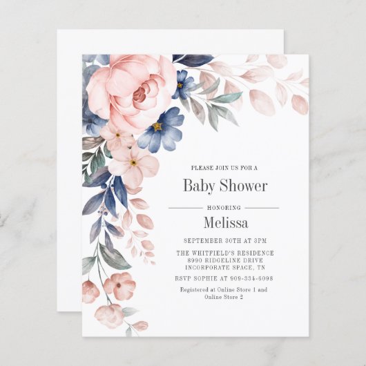 Papier Invitation Baby shower Floral Rose Budget (Devant / Derrière)