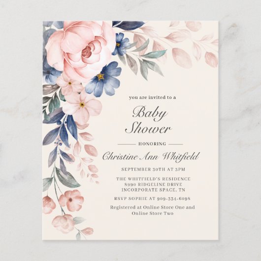 Papier Invitation Baby shower Floral Rose Budget (Devant)
