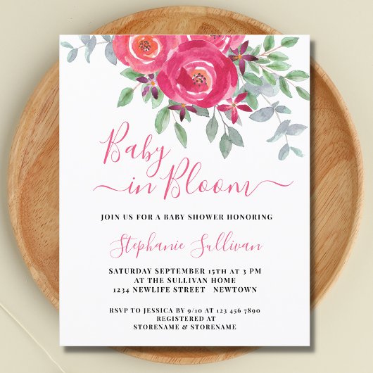 Papier Invitation Baby shower floral rose budget