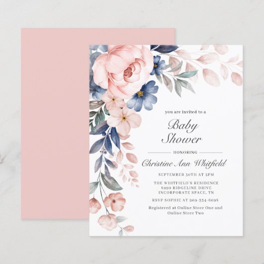 Papier Invitation Baby shower floral rose budget (Devant / Derrière)