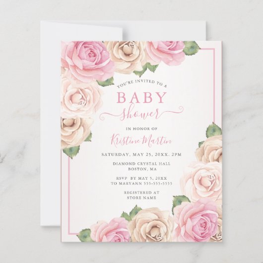 Papier Invitation Baby shower floral rose budget (Devant)