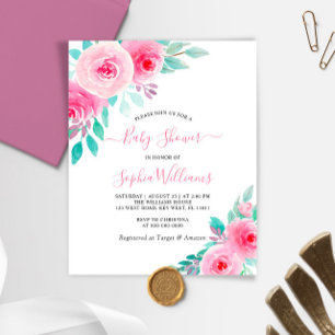 Papier Invitation Baby shower floral rose et menthe Budge