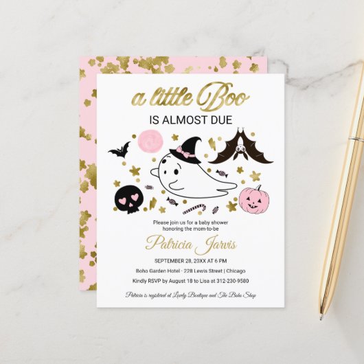 Papier Invitation Baby shower Halloween Budget fantôme (Devant/Arrière en situation)
