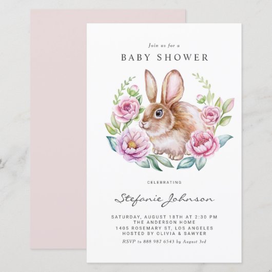 Papier Invitation Baby shower lapin et fleurs roses (Devant / Derrière)