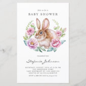 Papier Invitation Baby shower lapin et fleurs roses (Devant)