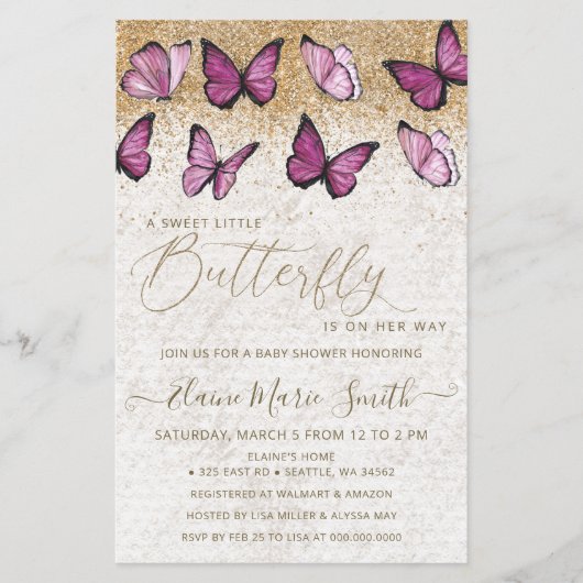 Papier Invitation Baby shower papillon rose budget (Devant)