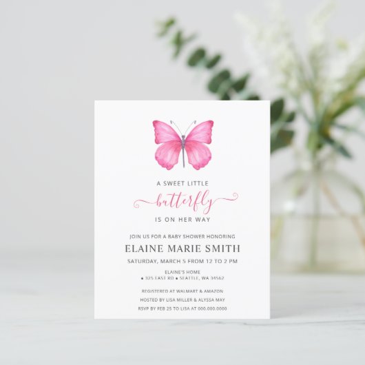 Papier Invitation Baby shower papillon rose budget (Debout devant)