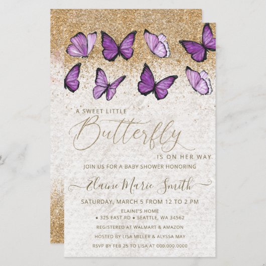 Papier Invitation Baby shower papillon violet budget (Devant / Derrière)