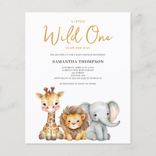 Papier Invitation Baby shower Safari Wild One Budget (Devant)
