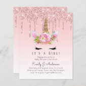 Papier Invitation Baby shower Unicorne Filles roses migno (Devant / Derrière)