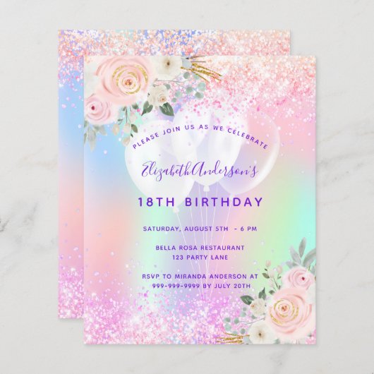 Papier Invitation ballons de parties scintillant rose vio (Devant / Derrière)