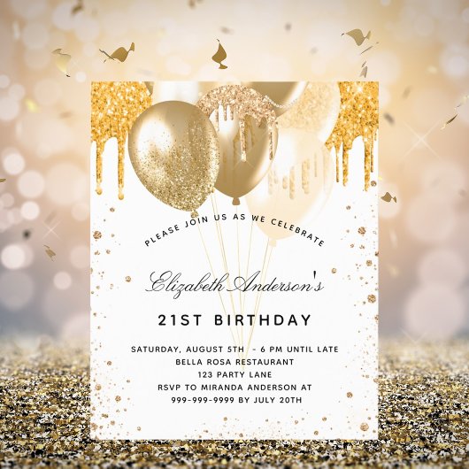 Papier Invitation ballons d'or blanc anniversaire