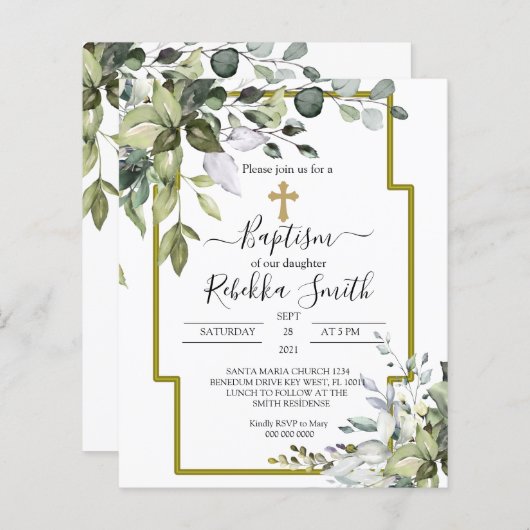 Papier Invitation Baptême Budget Vert (Devant / Derrière)