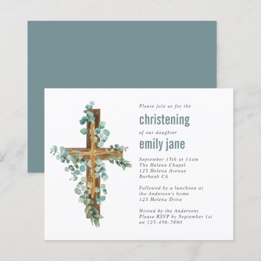 Papier Invitation baptême croisée Eucalyptus Budget (Devant / Derrière)