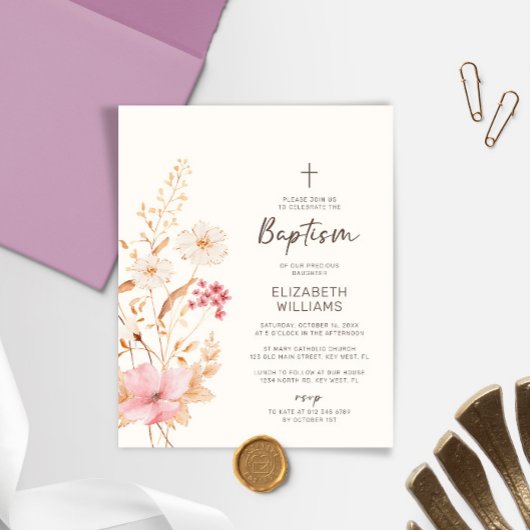 Papier Invitation Baptême de Jardin Fleur sauvage Budget