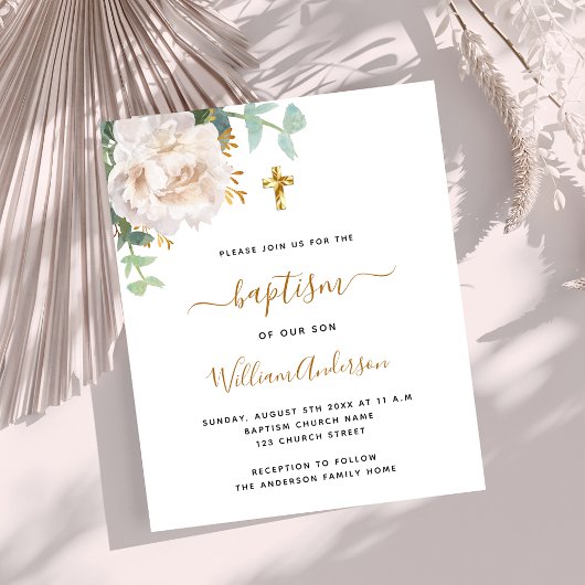 Papier Invitation baptême de l'or floral blanc cross budg