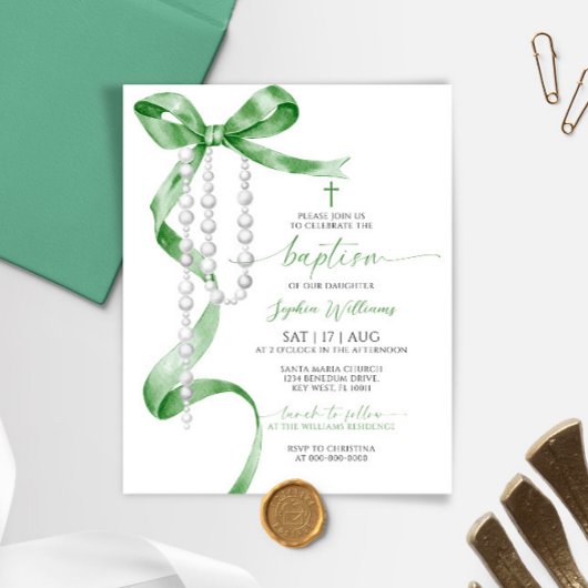 Papier Invitation Baptême de Rosaire et Bow vert de Sage 
