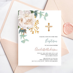 Papier Invitation baptême Floral blanc croix budget
