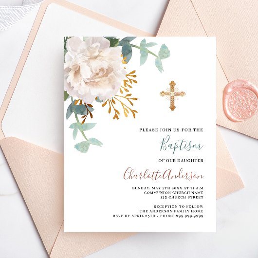 Papier Invitation baptême Floral blanc croix budget