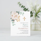 Papier Invitation baptême Floral blanc croix budget (Debout devant)