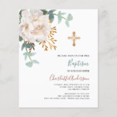 Papier Invitation baptême Floral blanc croix budget (Devant)