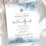 Papier Invitation Bat mitzvah Budget Marbre Bleu Argent<br><div class="desc">Cette élégante invitation bat mitzvah présente un design de bordure bleu clair en aquarelle, imitation de marbre veiné avec un faux papier argenté, s'estompant graduellement dans l'arrière - plan blanc. Les mots "bat mitzvah" apparaissent dans le script d'écriture manuscrite gris charbon, le reste du texte dans les chapiteaux serif. La...</div>
