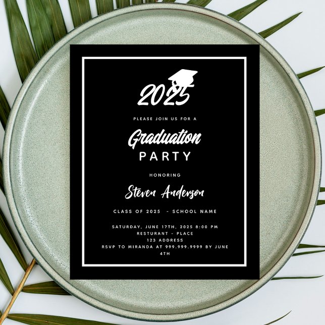 Papier Invitation Black white Graduation Party 2025 (Créateur téléchargé)