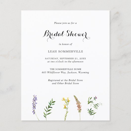 Papier Invitation Boho Fleur sauvage Budget Douche nuptia (Devant)