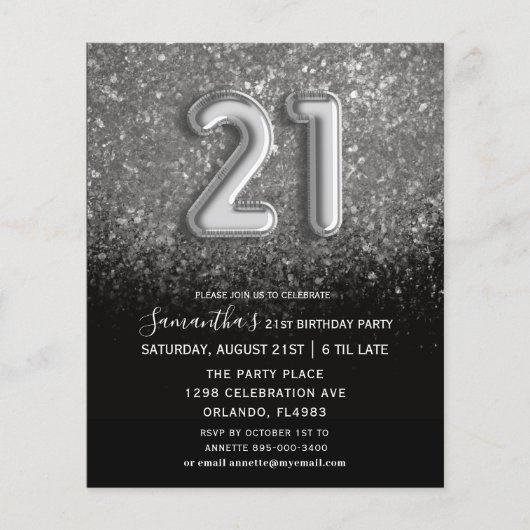 Papier Invitation Budget 21e Anniversaire Noir & Argent (Devant)