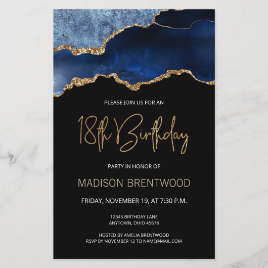 Papier Invitation Budget Agate Bleu Or 18 Ans (Devant)
