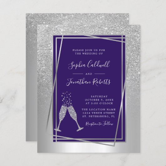 Papier Invitation Budget All in One Silver and Blue Weddi (Devant / Derrière)
