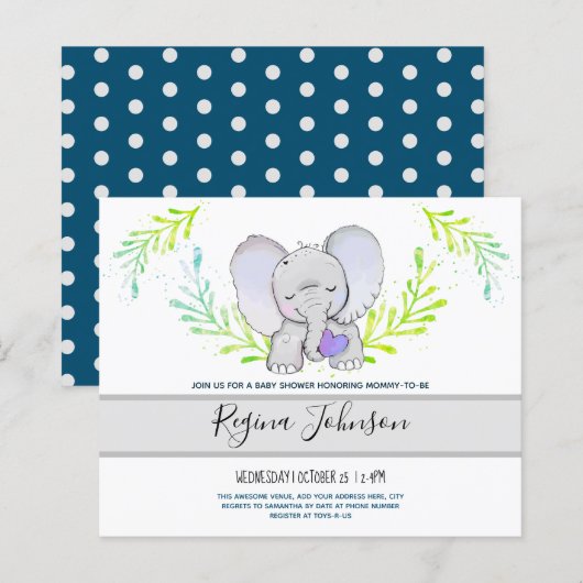 Papier Invitation Budget Baby shower Elephant (Devant / Derrière)