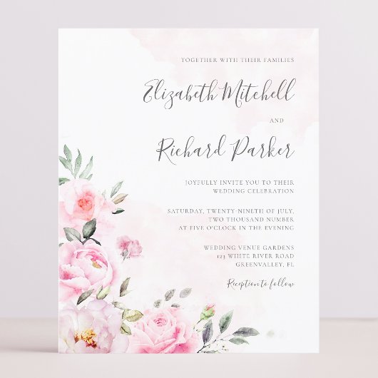 Papier Invitation Budget Blush Pink Aquarelle Floral Mari