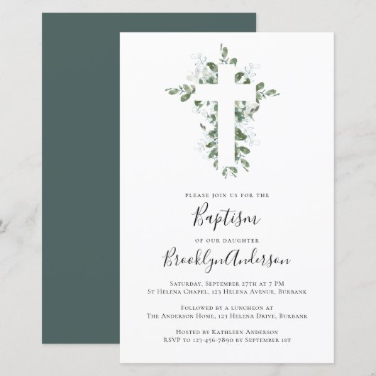Papier Invitation Budget Eucalyptus Baptême (Devant / Derrière)