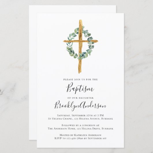Papier Invitation Budget Eucalyptus Cross Baptism (Devant / Derrière)