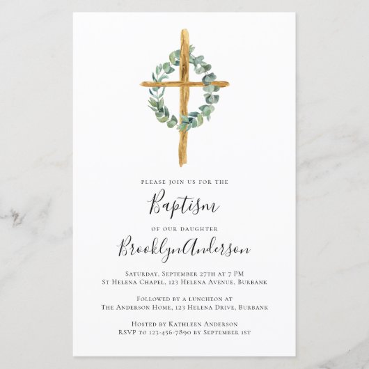 Papier Invitation Budget Eucalyptus Cross Baptism (Devant)