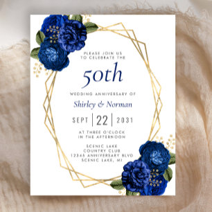 Papier Invitation Budget Fleur Royal Bleu Géométrique Or