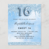 Papier Invitation budget glitter bleu clair pour Sweet 16 (Devant)